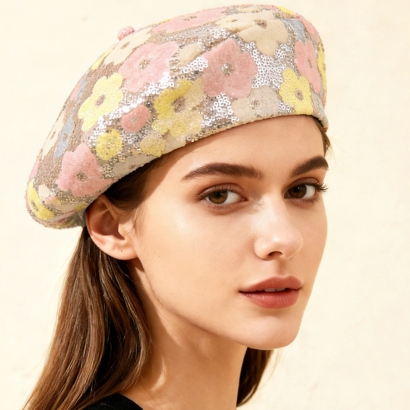 Korean-style colorful small sequin flower beret, a retro and unique painter's hat suitable for spring and autumn seasons
