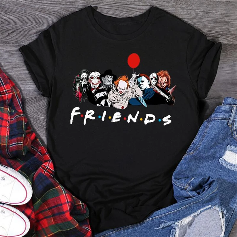 Gothic Friends Horror T Shirt Women Wicca Punk Clothes Cool Halloween Edgy Graphic Tee Grunge Devil Plus Size Rock Men Tops