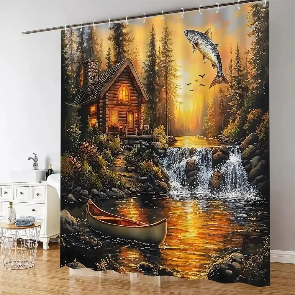 Rustic Cabin Forest Lake Shower Curtain, Sunset Ship Stream Waterproof Fabric Curtain