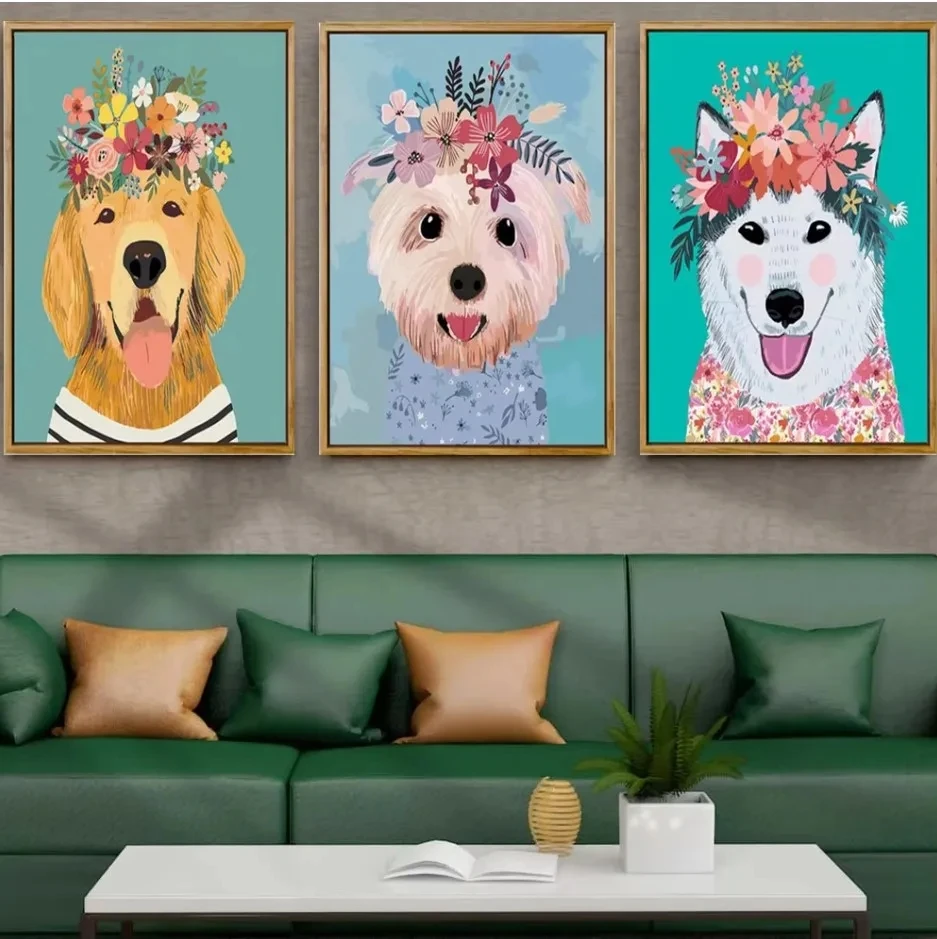 CHENISTORY 3PC Цветок Diy Краска по номерам Собака Животные Наборы На холсте Картина маслом по номерам с 40*50 Деревянная рамка Домашний декор