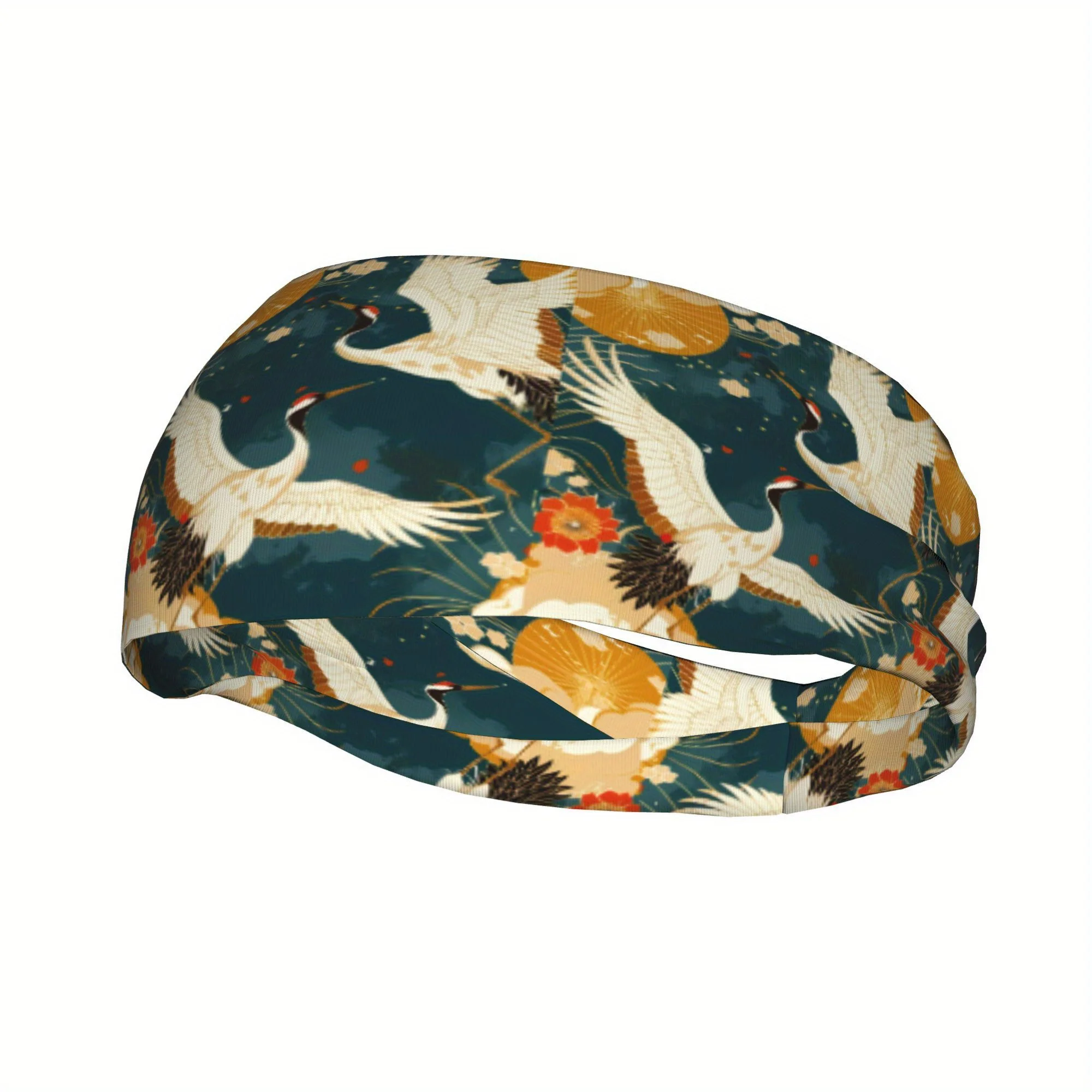 Chinese Art-Inspired Sports Headband Vibrant Crane Floral Design Polyester Knit Hand Washable Ideal for Fitness Activities