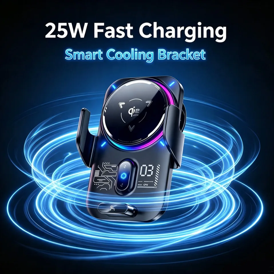 2 In 1 Magnetic Qi2 25W Wireless Charger Car Phone Holder ICE Cooling Auto Induction RGB Light For iPhone 17 Samsung S25 Ultra