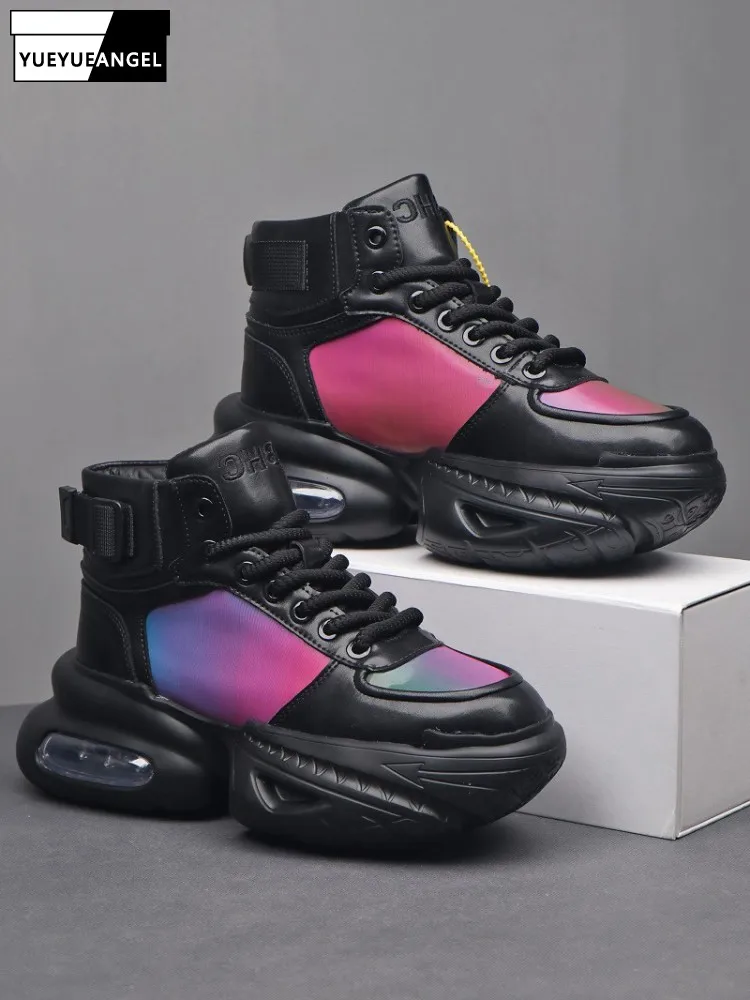 Fashion Mens High Top Spliced Cowhide Genuine Leather Shoes Thick Platform Sneakers New Designer Casual Joggers Trainers Shoes