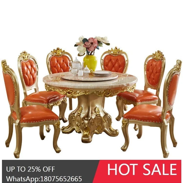 SGF European Style Marble Dining Table and Chair Set Luxury Carved Round Table with Turntable