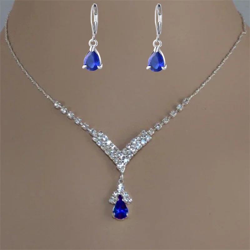 Fashion Blue Green Red Colorful Water Drop Rhinestone Women's Necklace Silver Inlaid Zircon Pandente Women's Accessories