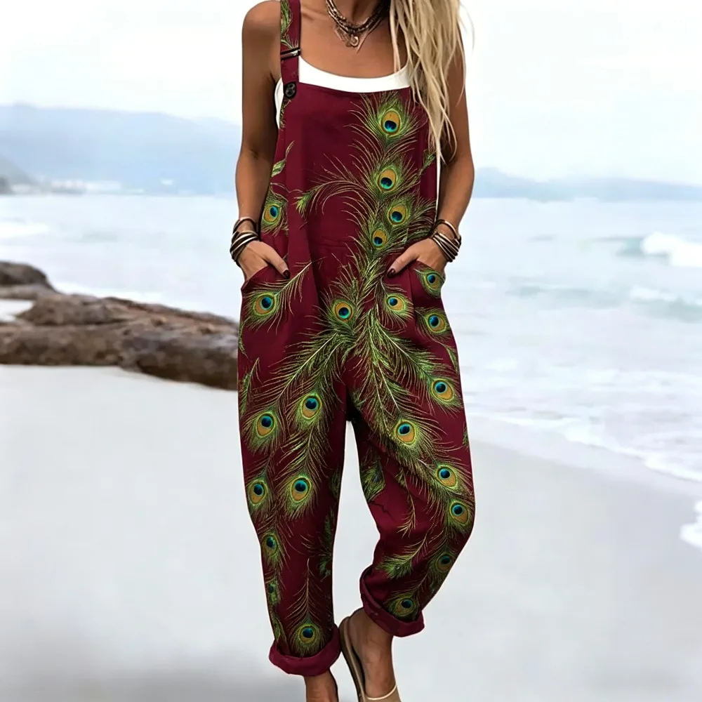 Casual Snake Skin Peacock Feather Printed Sleeveless Baggy Overalls Loose Pocketed Beach Vacation Daily Wear Jumpsuit S-5XL
