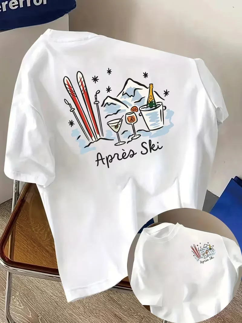 Apres Ski Graphic T-Shirt,Retro Snow Scene Ski Club Print Tee,Casual Round Neck Top for Men Women Apres Ski Vacation Relax Wear