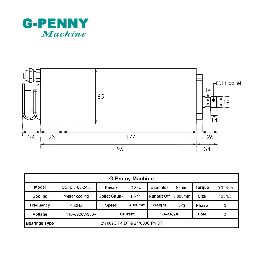 800w ER11 D65 Water Cooled Spindle 110V/220V Wood Working 4 pcs Bearings 400Hz Water Cooling Spindle Motor