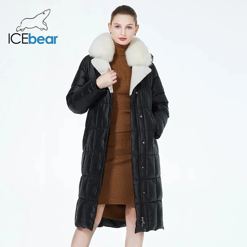 ICEbear-abrigo largo con capucha de piel para mujer, chaqueta de lujo, parkas acolchadas cálidas con cinturón, GWD3906I, 2023