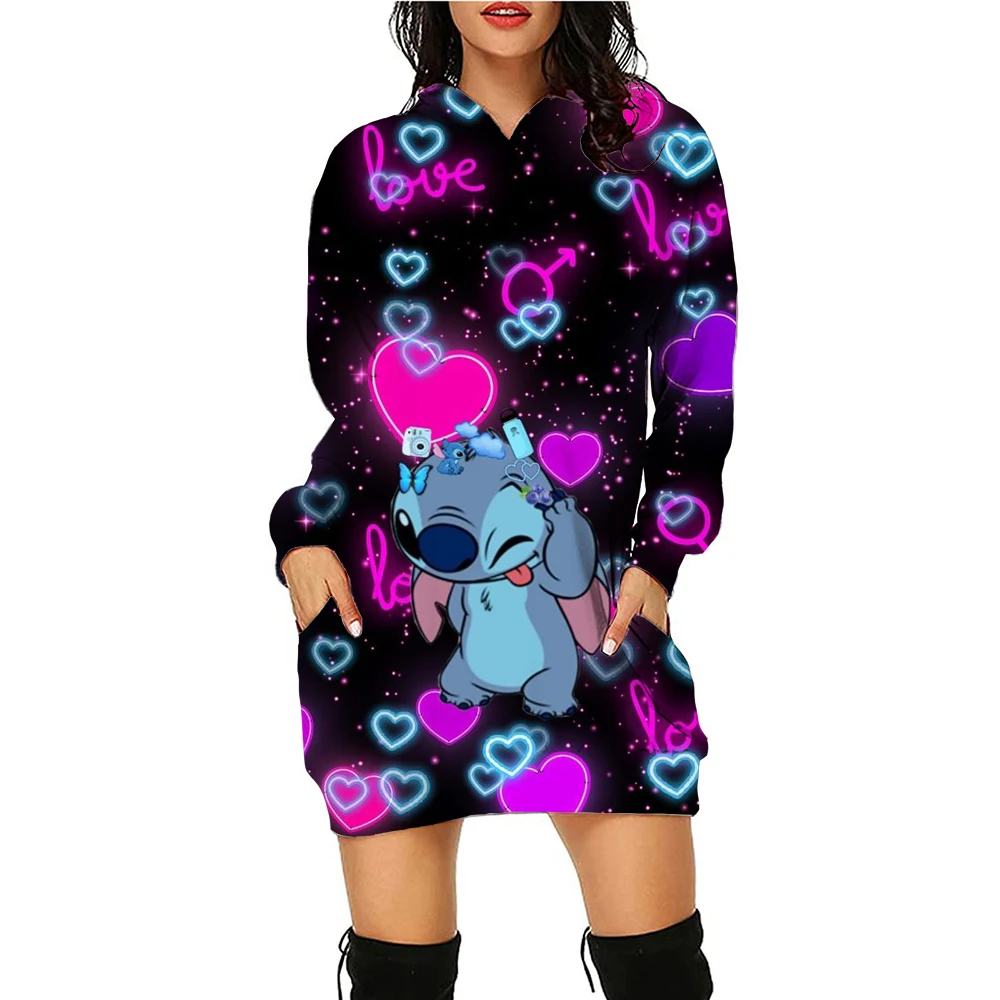 Stitch Fashion Kawaii Hoodie Dresses Stitch Women Disney Sweater Dress Luxury Party Disney Mini Y2k Long Sleeves Women Dress