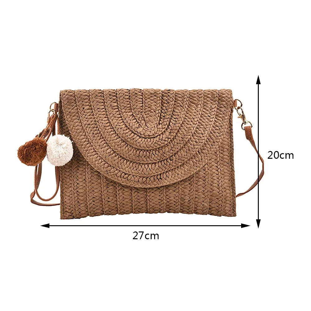 Summer Beach Straw Clutch Bag Cute Ball pendant Crossbody Bag for Women Travel Shoulder Bags Purse Ladies Casual Wicker Handbags