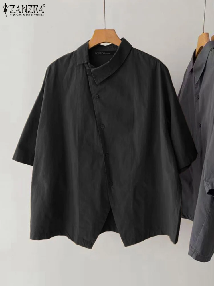 

ZANZEA 2025 Women Fashion Shirts Asymmetry Buttons Tops OL Work Casual Tunic Solid Color Half Sleeve Turn-Down Collar Blusas