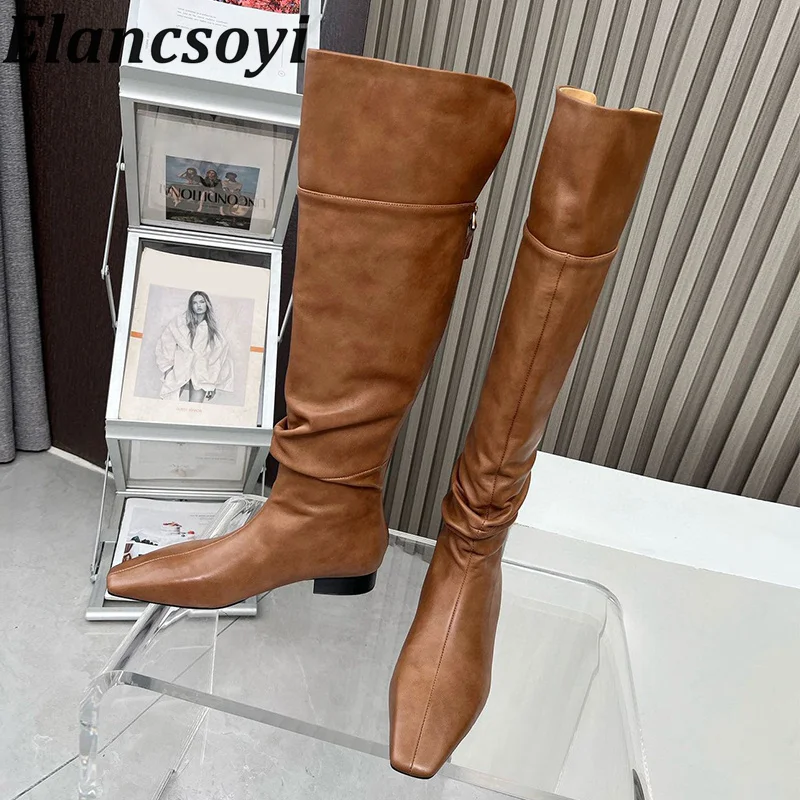 Autumn Winter New Square Toe Genuine Leather Over Knee Boots Women's Solid Color Zipper Long Boots Fashionable Western Boots