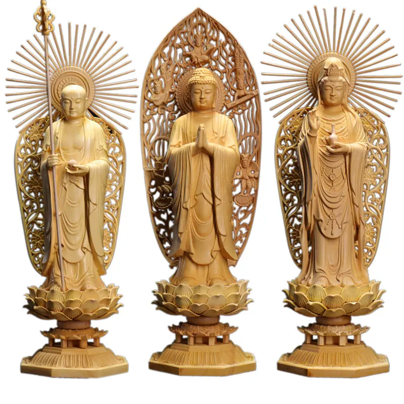 

28cm Boxwood Three Buddha Sculpture Shakyamuni Wood Carving Guanyin Ksitigarbha Statue Feng Shui Home Decor Home Crafts