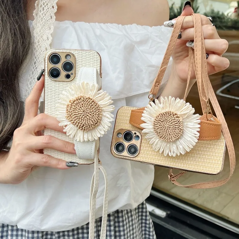 

New Korean INS 3D Flower Daisy Wristband Braided Texture Crossbody Phone Case For iPhone 16 15 14 13 12 11 Pro Max Plus Cover