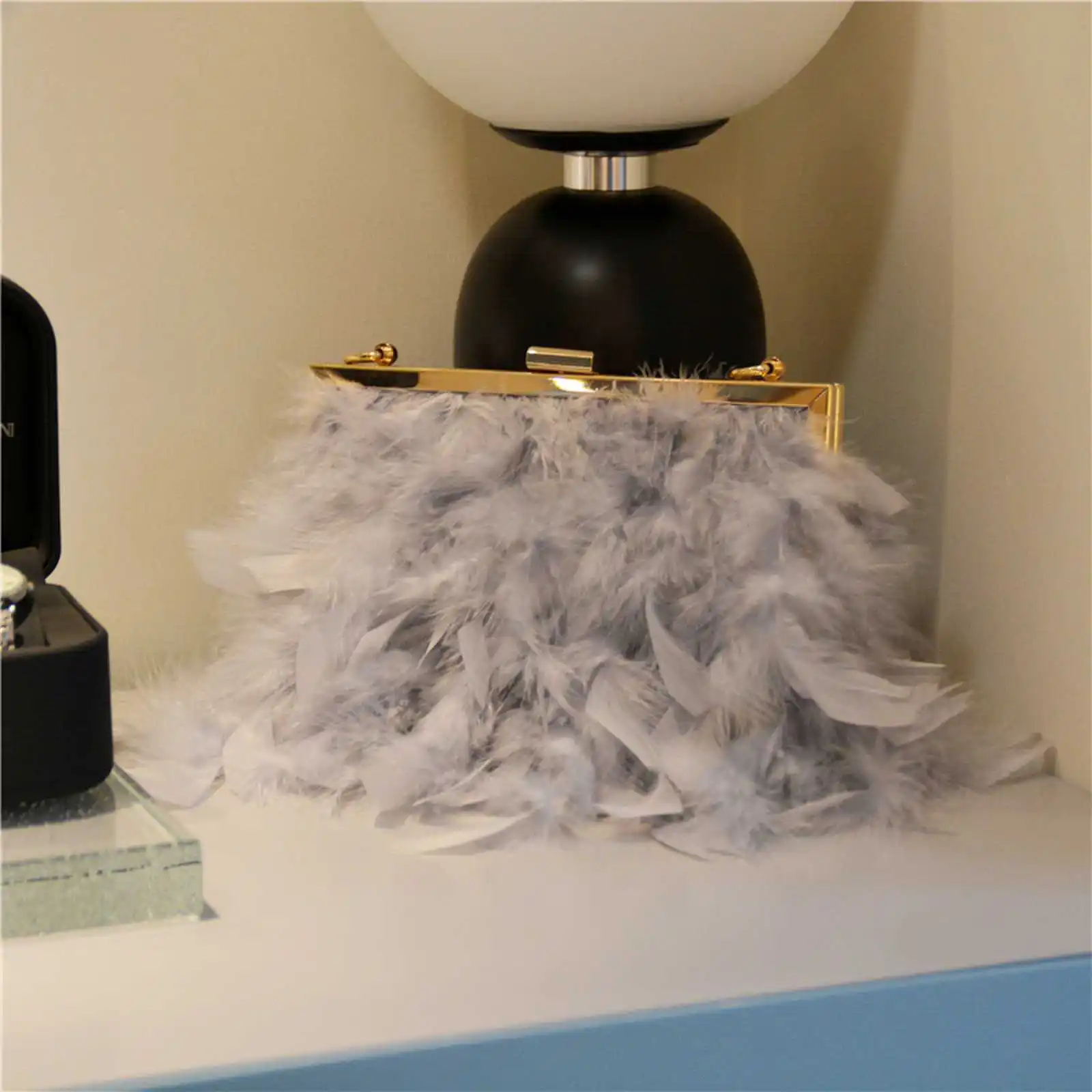 Fashion Turkey Feather with Pearls Handles Handbag Clutch Designer Woman Faux Fur Crossbody Shoulder Feather Bridal Bag