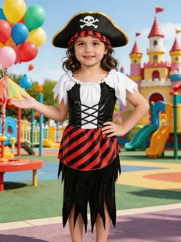 Halloween Girls Pirate Costume Kids Striped Jagged Dress Cosplay Outfit with Hat