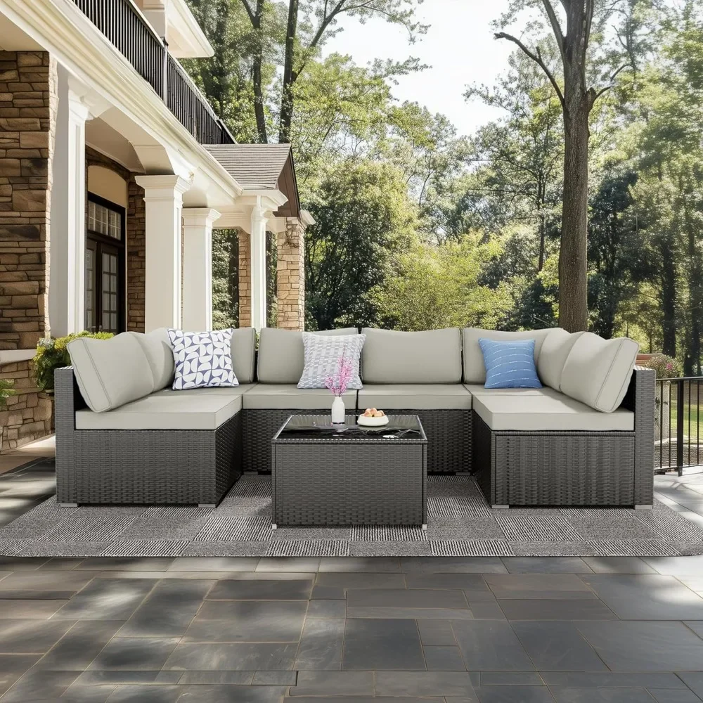 

7 Pieces Patio Furniture Set - Outdoor Sectional Wicker Rattan Furniture with Cushion and Glass Table Patio Poolside Backyard