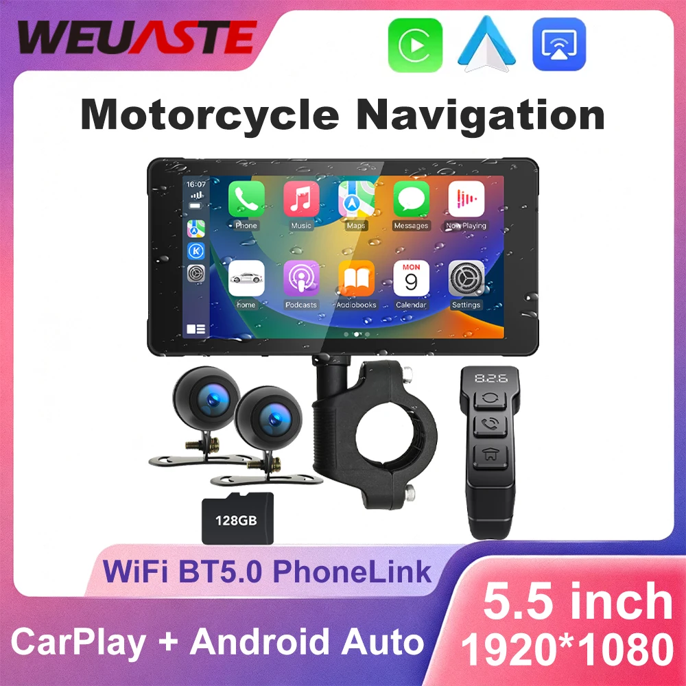 

5,5-дюймовый беспроводной CarPlay Moto Android Auto GPS мотоциклетный навигационный экран портативная цифровая приборная панель мотоцикла