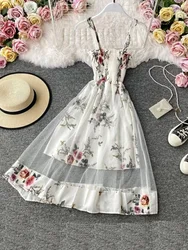 Summer Women's Dress French Retro Square Neck Print Suspender Dress New Waist Lace Feamle Short Dresses HH293