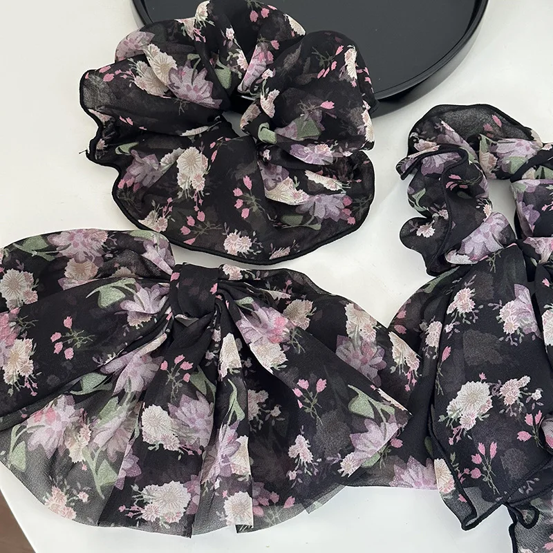 

Romantic Vintage Headwear Hair Rope Clip Spring Clip Black Pink Chiffon Elastic Scrunchie Hair Accessories