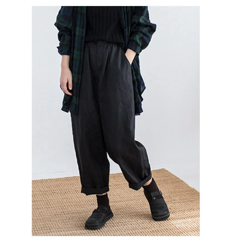 Linen Spring Autumn Lady Trousers Loose Casual Elastic Waist Black Breathable Moisture Absorbent Comfortable Large Size Pants