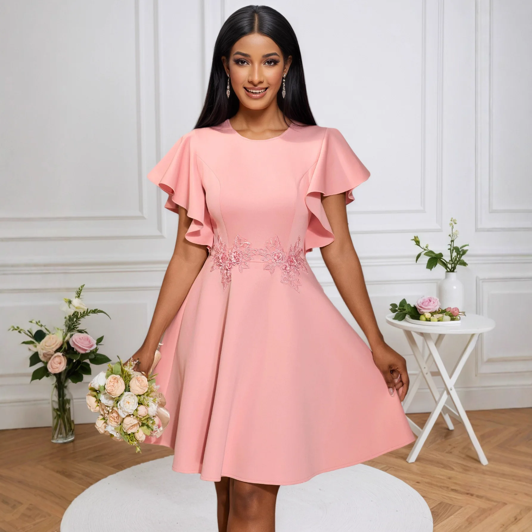 

Новинка лета 2025 года, модное элегантное короткое платье с круглым вырезом, тонкое вечернее платье трапециевидной формы с вышивкой, летнее платье, женское платье