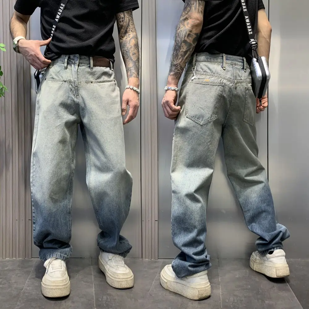 2025 American Gradient Washed Jeans Men's Clothing Street Fashion Brand Loose Straight Draping Lazy High Street Retro Trousers