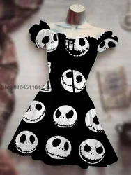 Summer New Drawstring 3D Printing Personalized Halloween Clothing Skull Skirt Hawaiian Bohemian Fluffy Sleeves Sexy Dress