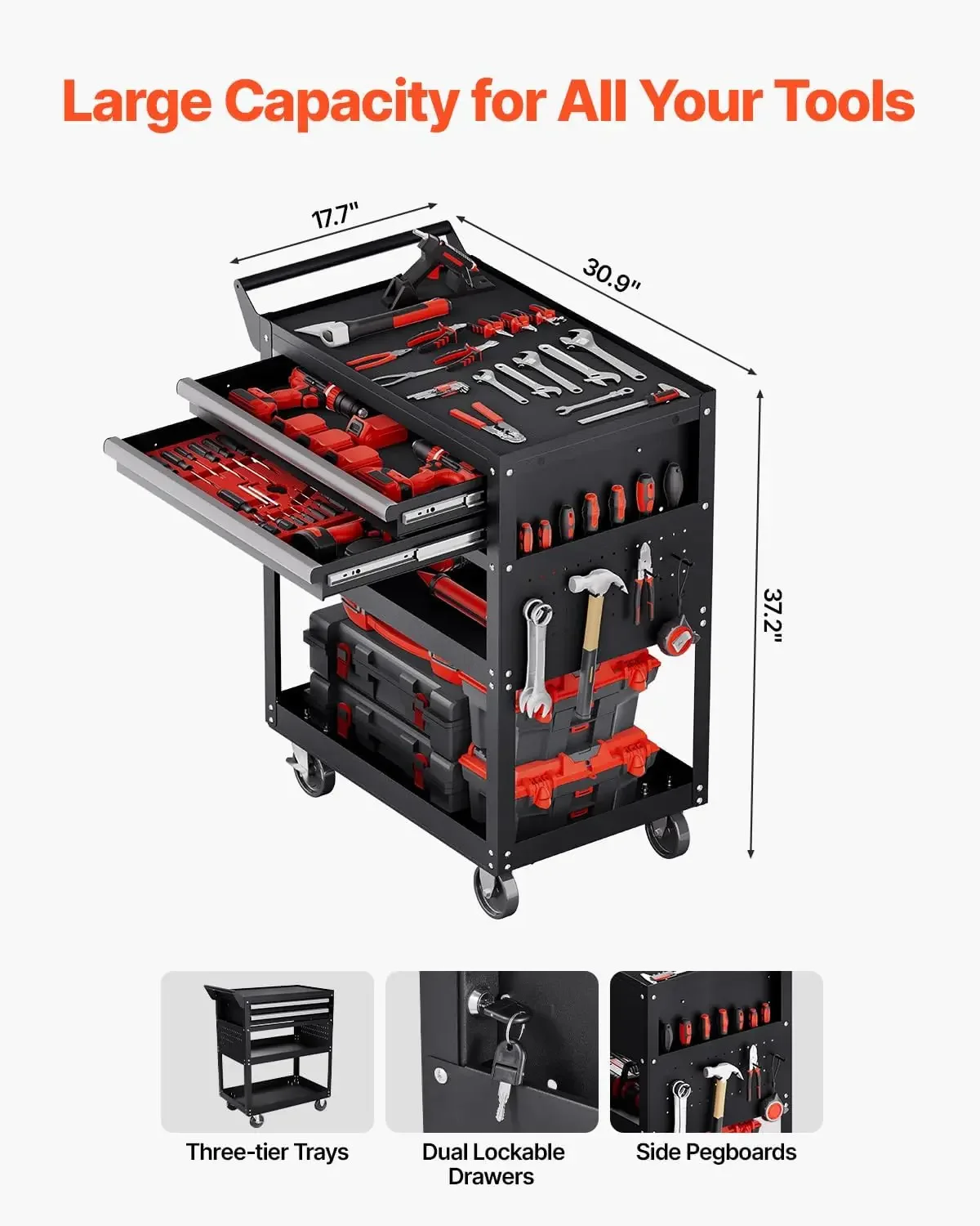 5-Tier Tool Cart with Wheels, 400 lbs Load Capacity, Rolling Work Cart with 2 Drawers & Pegboard, Mechanic Tool Storage Organize