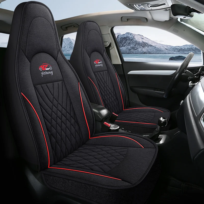 2 Stück Vordersitzbezüge für einteilige Sitze, atmungsaktives Leinen, für alle Jahreszeiten, passend für die meisten integrierten Vordersitze, für Tesla/BYD/EV-Fahrzeuge. – Detail 5