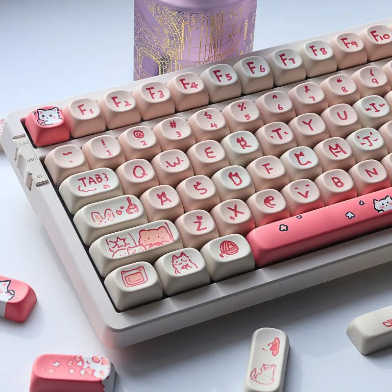 135 Keys Pink Cat Custom MOA Profile Kawaii Keycaps Dye Sublimation PBT Keycaps for Cherry MX Switches Mechanical Gamer Keyboard