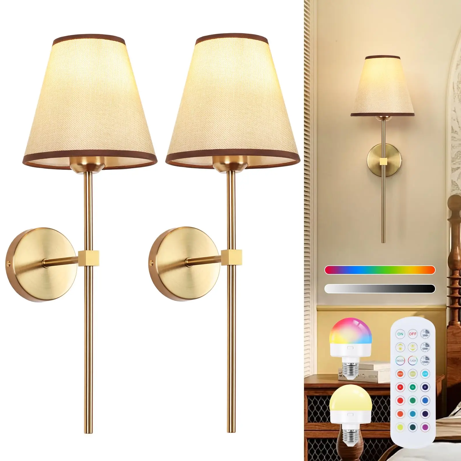 Battery Operated Wall Sconces Sets of 2,Indoor not Hardwired White Fabric lampshade Fixtures,Rechargeable Wireless Wall Lights