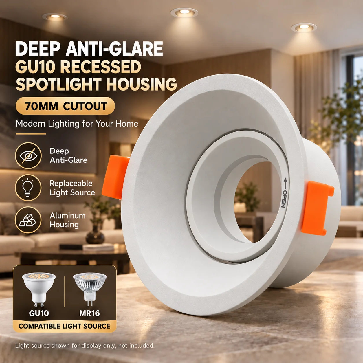 Aluminium Alloy Recessed Downlight Frame 70mm Cutout Round Anti-Glare GU10 MR16 Ceiling Spotlight Holder