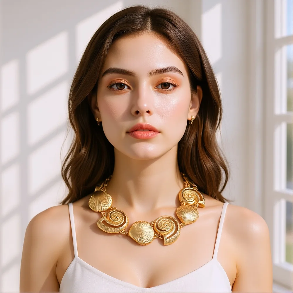 Design Sense Handmade Splicing Alloy Textured Conch Shell Necklace Creative Metal Marine Animal Necklace Women