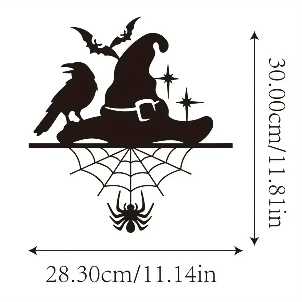 1pc Elegant Halloween Metal Wall Decor: Witch Hat with Spider Web, Bat & Crow Sign. Sophisticated for Home and Party