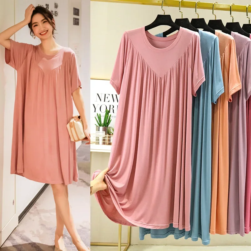 

Summer Nightgowns Women Large Size Loose Long Casual Homewear Sleepwear Dresses Female Short Sleeve Modal Nightdress Women 130KG