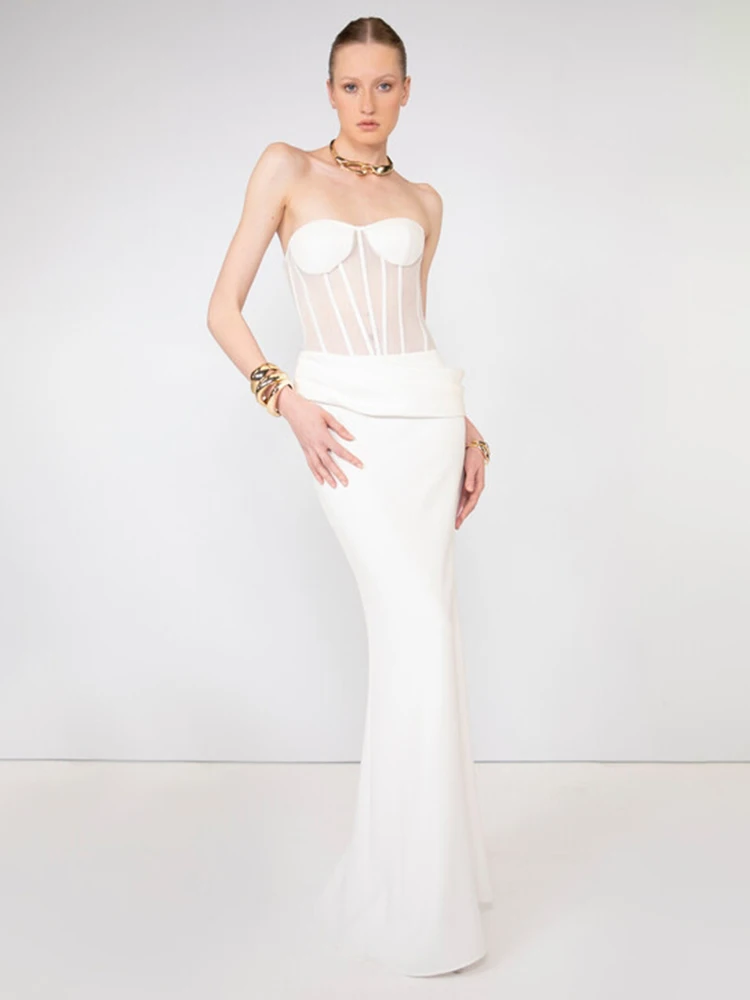 VC Elegante vestido de novia sencillo con corsé blanco – Vestido largo sin tirantes con corpiño transparente para mujer Vestido de compromiso minimalista moderno