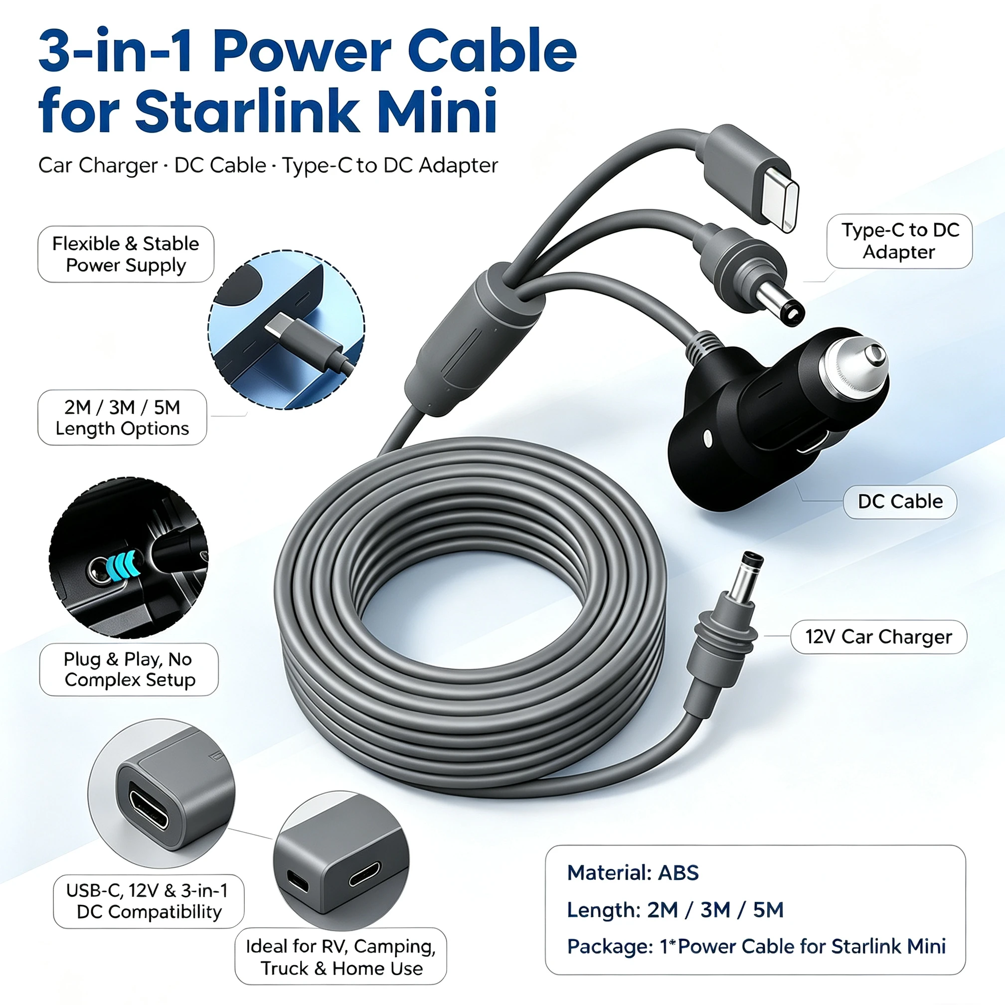 2/3/5M For Starlink Mini 3 in 1 Type-C/DC Power Extension Cable For Starlink Mini USB C 12-20V Cigarette Lighter Plug DC Male