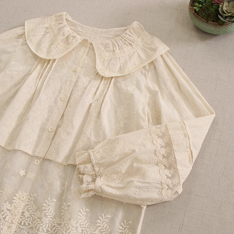 Japanese Sweet Mori Girl Lace Mesh Embroidery Cotton Shirt Women Spring Autumn Cute Peter Pan Collar Long Sleeve Blouse Tops