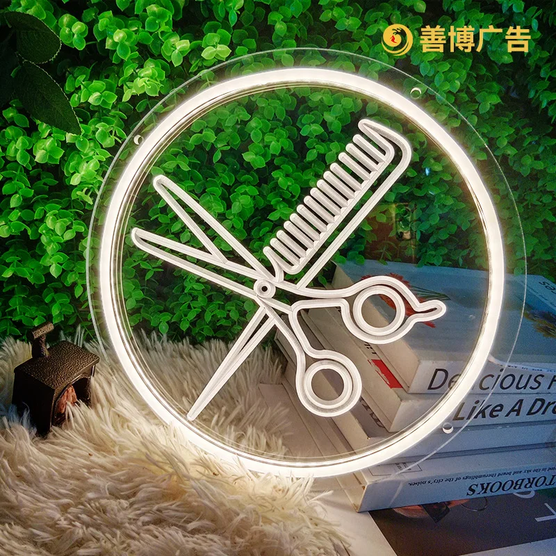 LED Neon Sign Scissors Nails Luminous Characters Ambience Light Barber Shop Comb Hair Salon Room Decor Luces Led Para Habitacion