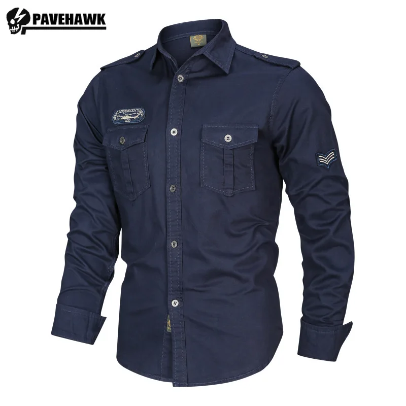 

Mens Retro Tactical Cargo Shirt Military Cotton Embroidery Long-sleeved Tops Multi-pocket Casual Lapel Camisas Plus Size 6XL