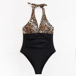 Summer Sexy Deep V Neck One Piece Swimsuit Women Leopard Print Fashion Bodysuit Backless Bikini Swimwear Bathing Suit Beach Wear