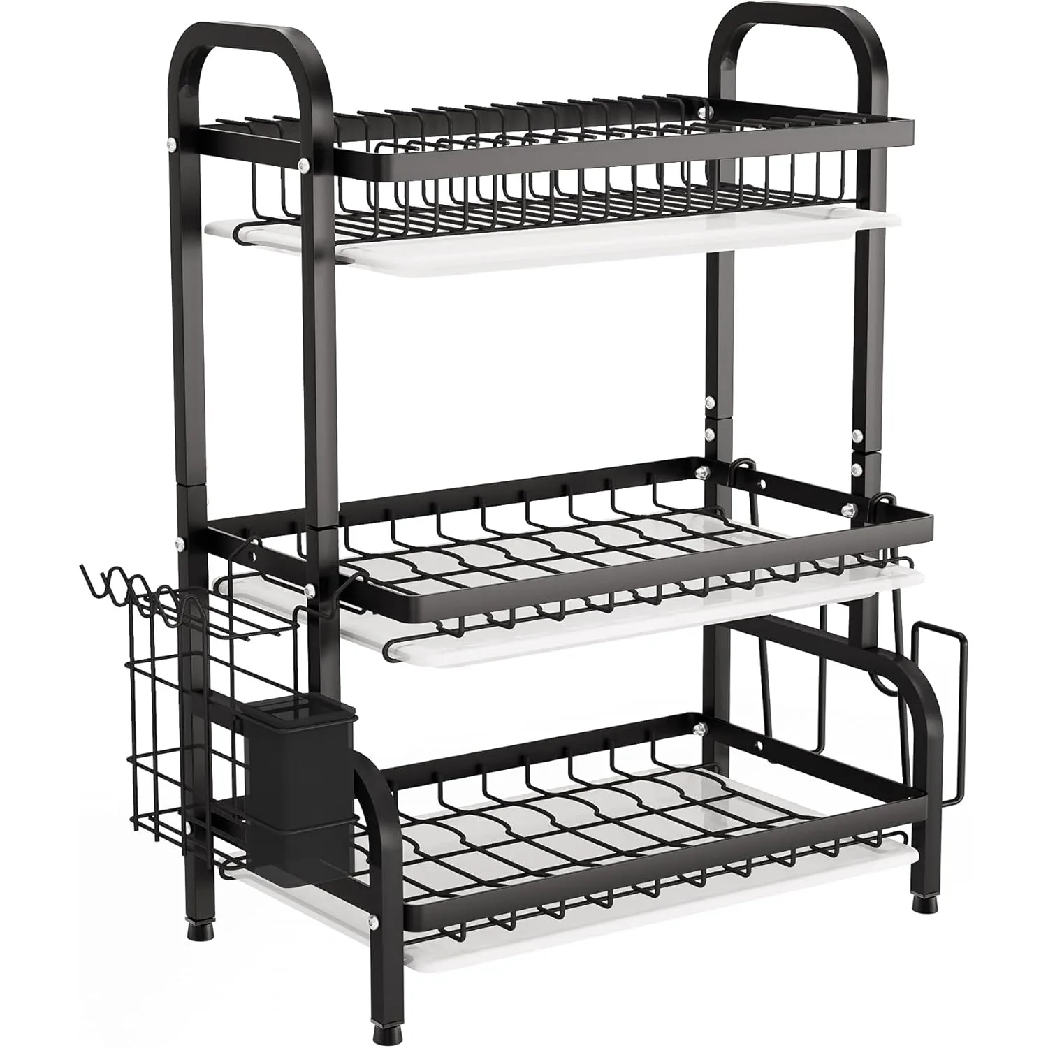 

Metal 3-layer large capacity bowl rack with cutlery rack, cutting board rack, drainage tray (black)
