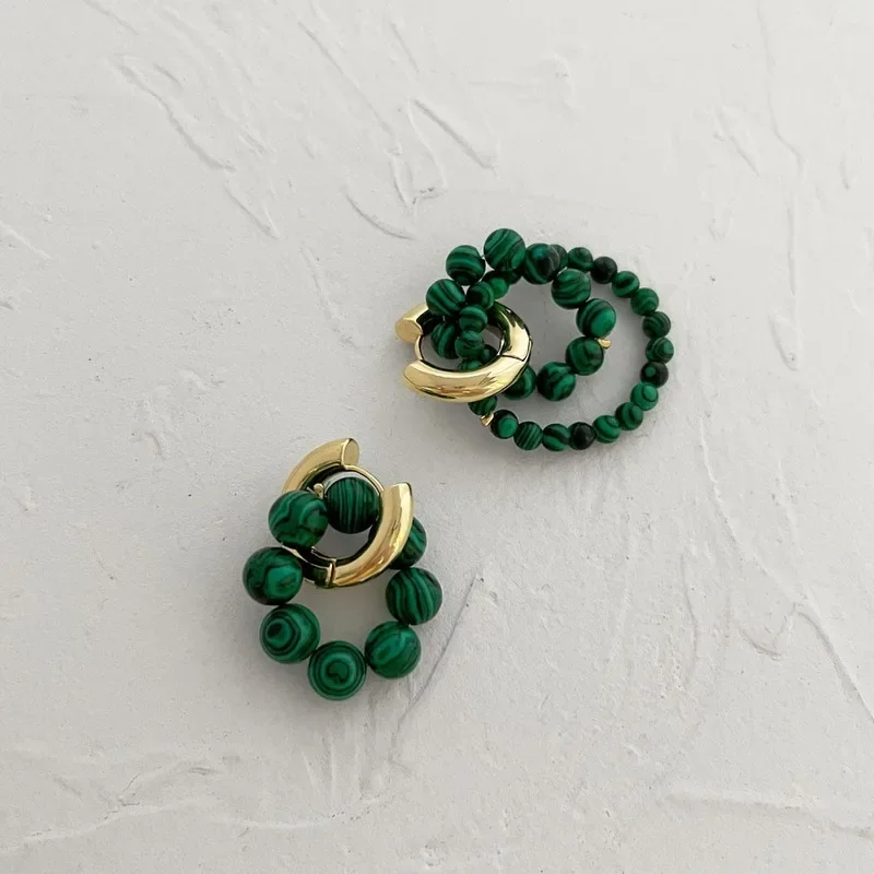 Vintage Green Malachite Beaded Asymmetric Hoops Earring Stainless Steel Huggie Hoop Earrings For Women Jewelry