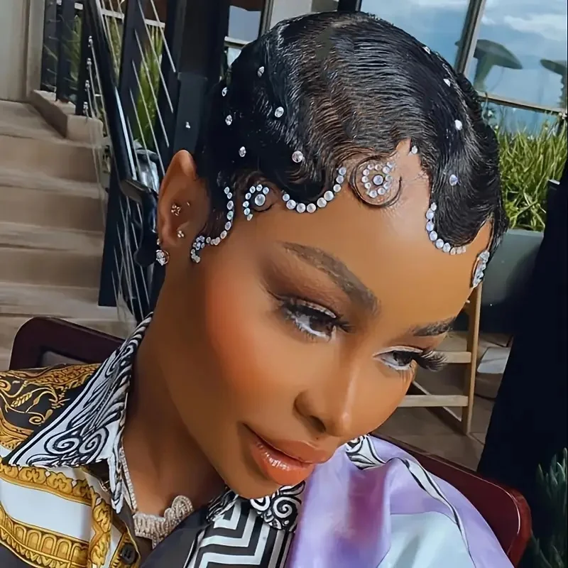 짧은 레이어드 픽시컷 인모 가발 앞머리 포함 자연스러운 검정색 풀 머신 메이드 가발