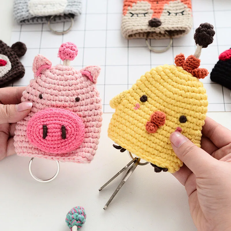 Cute Animals Unisex Pull Type Key Bag Hand Knitting Key Wallets Housekeepers Car Key Holder Case New Knit Keychain Pouch