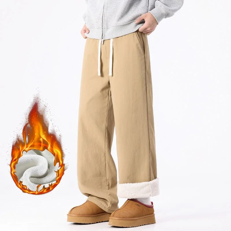 

Men Winter Thermal Classic Wide Leg Pants Male Daily Casual Loose Straight Leg Trousers Fashion Versatile Black Gray Pants