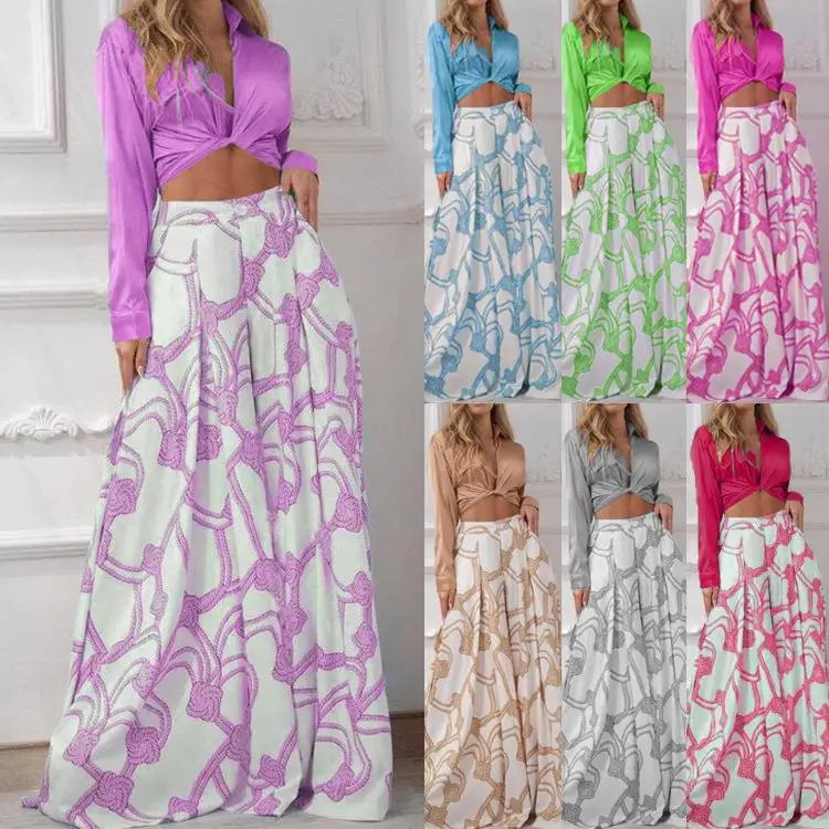 

South American Women's Printed Suit Collar Tied Shirt Long Sleeve Casual Style Winter Fashion Three-Piece Set Ladies' Ensemble