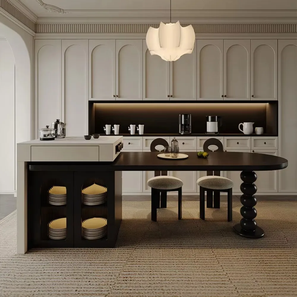 Mid‑century Curved Sintered Stone Kitchen Island Table, Retractable All‑in‑One Multifunctional High‑end Dining Set for Kitchen
